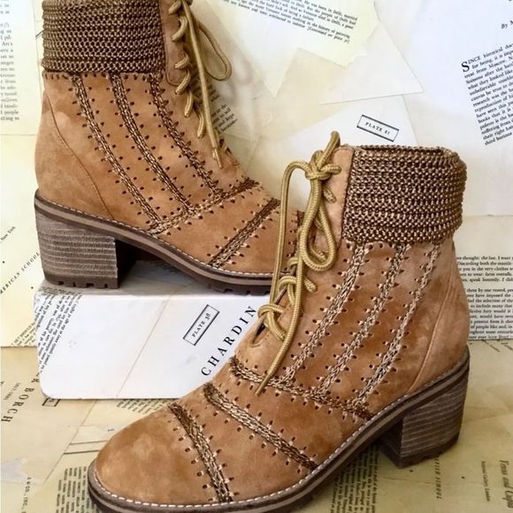 Anthropologie Silent D Bestie Bootie Honey Macramé Trim Lace Up Tan - Picture 7 of 12